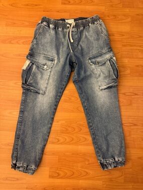 Sun + Stone Women's Cargo Pants Denim Blue Utility Pockets Straight Leg Size L